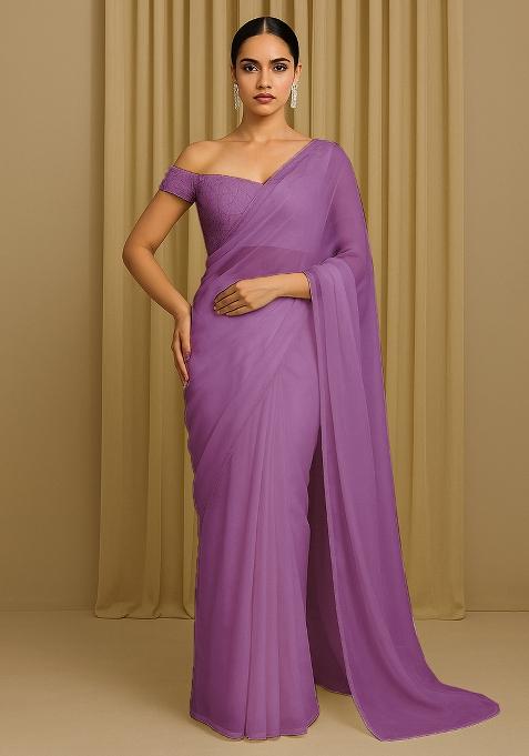 Purple Embellished Organza Pre Draped saree set
