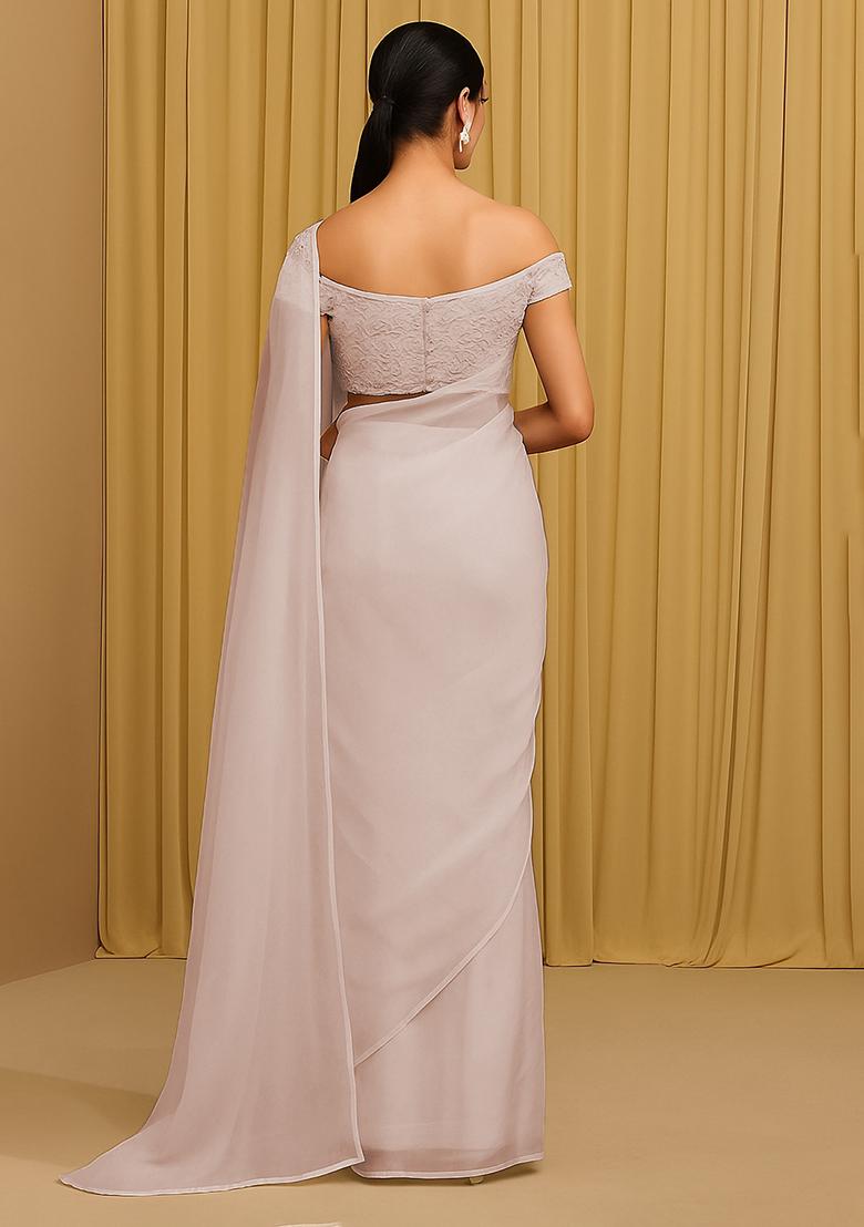 Beige Embellished Organza Pre stitched saree set - Indya