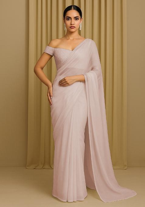 Beige Embellished Organza Pre stitched saree set