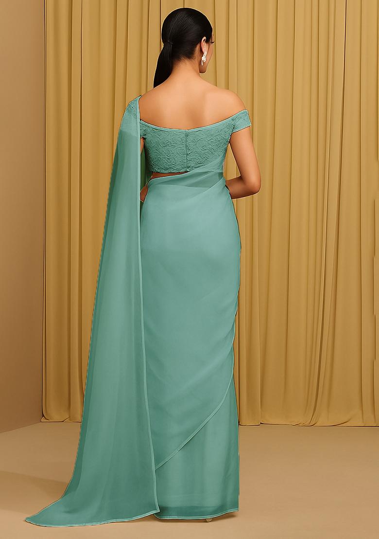 Olive Embellished Organza Pre stitched saree set - Indya