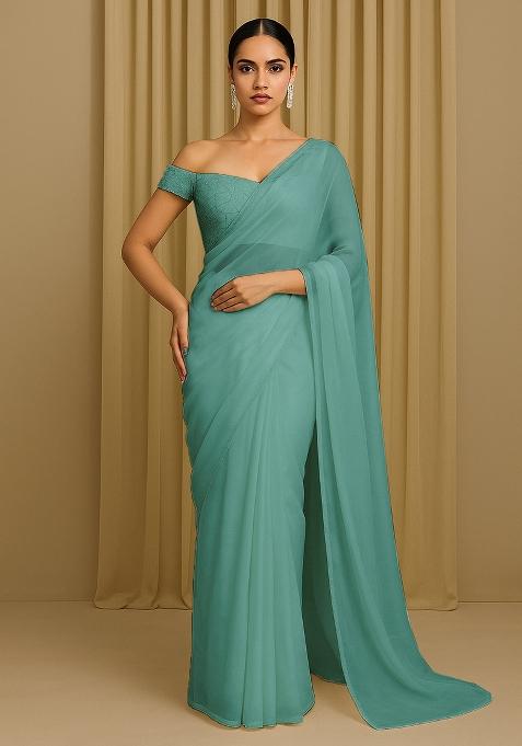 Olive Embellished Organza Pre Draped saree set