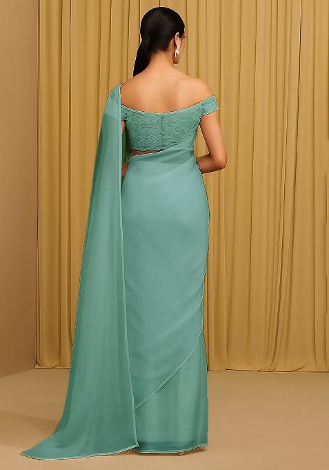 Olive Embellished Organza Pre Draped saree set