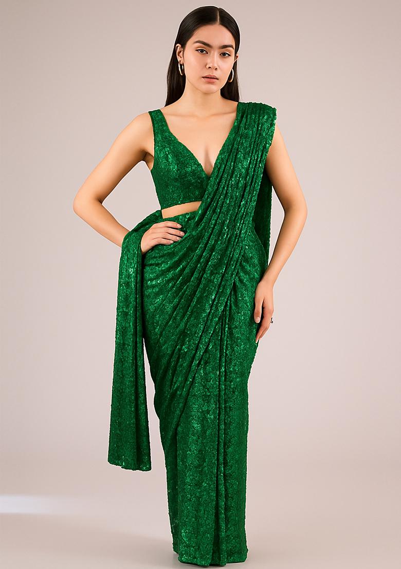 Green Embroidered Net Pre Draped Saree Set