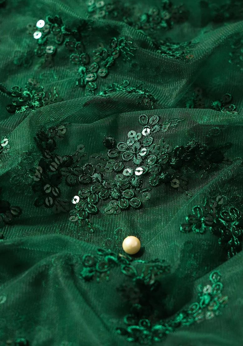 Green Embroidered Net Pre Draped Saree Set