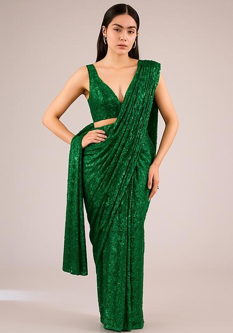 Green Embroidered Net Pre Draped Saree Set