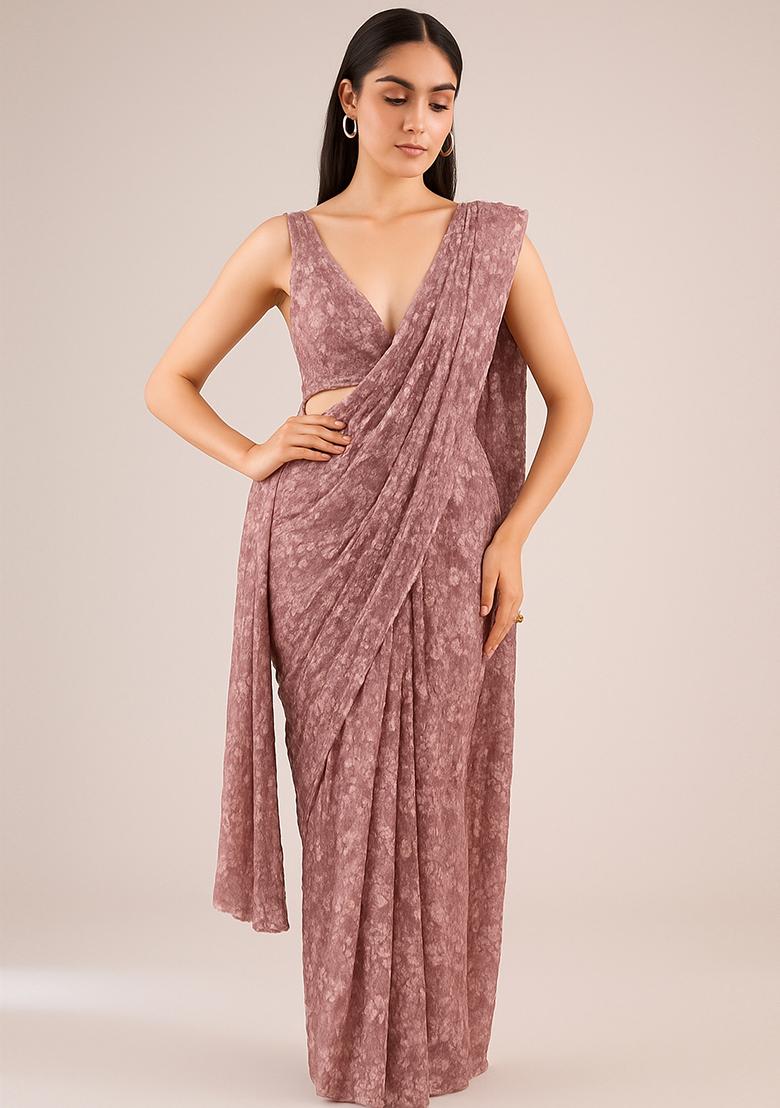 Mauve Embroidered Net Pre Draped Saree Set