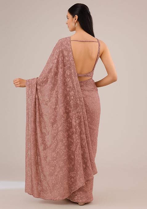 Mauve Embroidered Net Pre Draped Saree Set