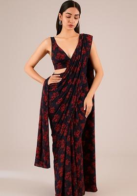 Black And Red Embroidered Net Pre Draped Saree Set