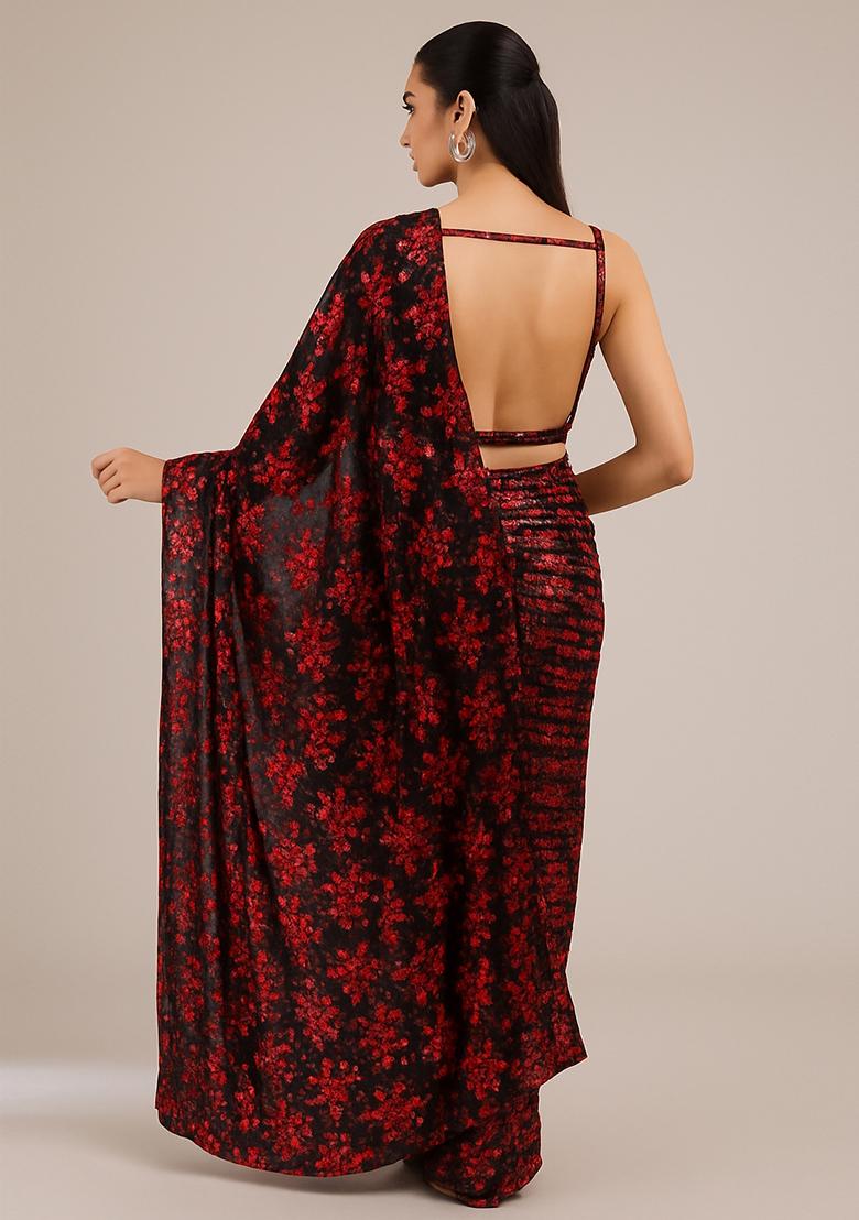 Black And Red Embroidered Net Pre Draped Saree Set - Indya