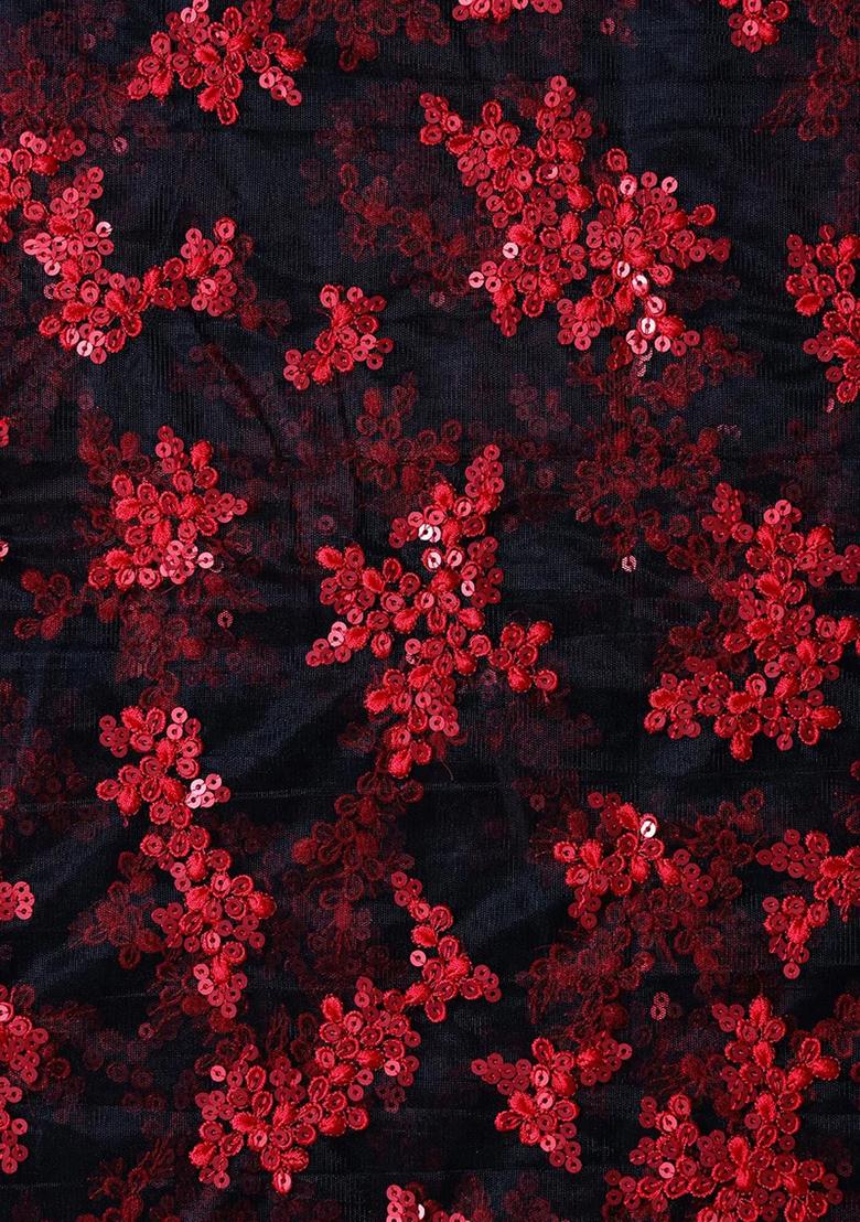 Black And Red Embroidered Net Pre Draped Saree Set