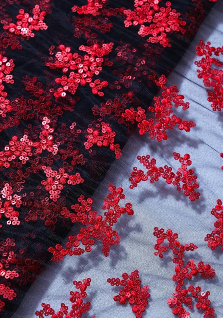 Black And Red Embroidered Net Pre Draped Saree Set - Indya