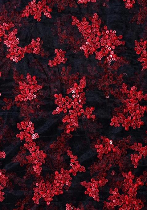 Black And Red Embroidered Net Pre Draped Saree Set