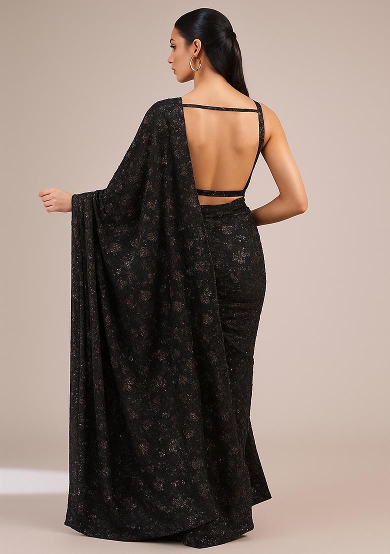 Black Embroidered Net Pre Draped Saree Set - Indya