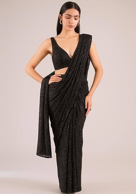 Black Embroidered Net Pre Draped Saree Set