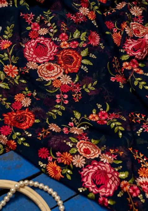 Black Embroidered Georgette Pre Draped Saree Set