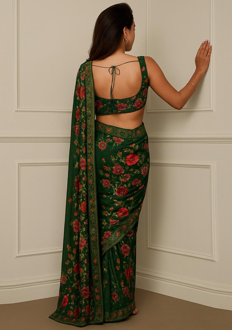 Green Embroidered Georgette Pre Draped Saree Set - Indya