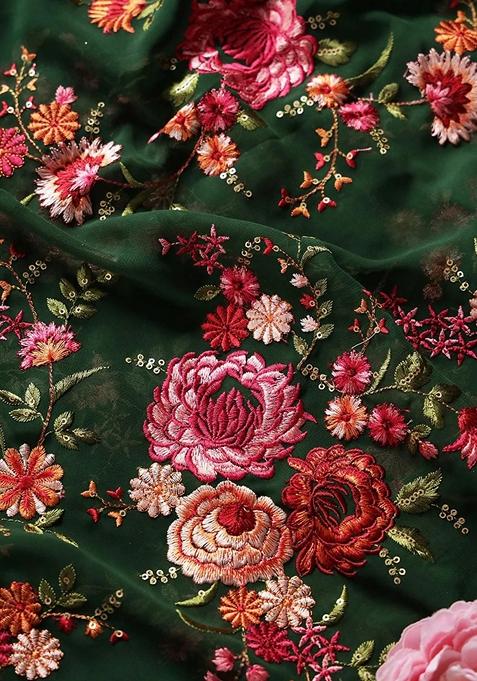 Green Embroidered Georgette Pre Draped Saree Set