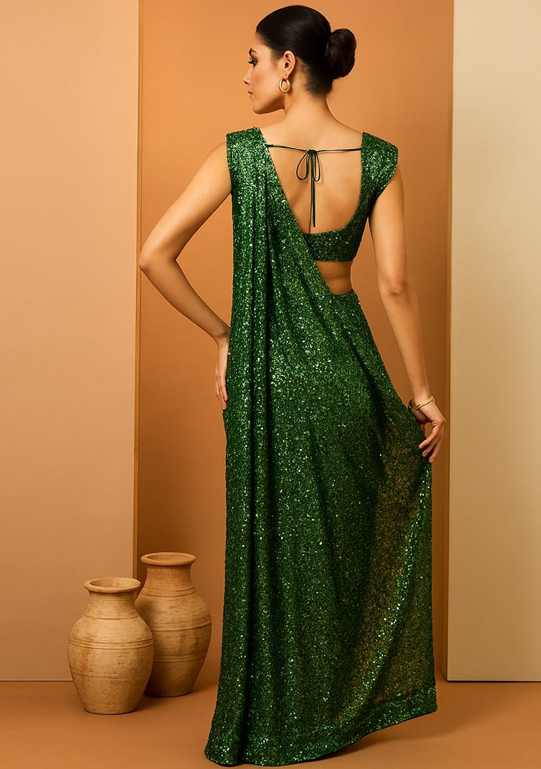 Mehendi Embroidered Georgette Pre Draped Saree Set