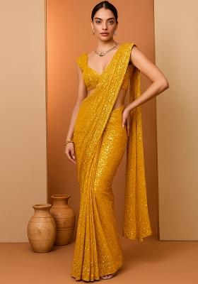 Yellow Embroidered Georgette Pre Draped Saree Set