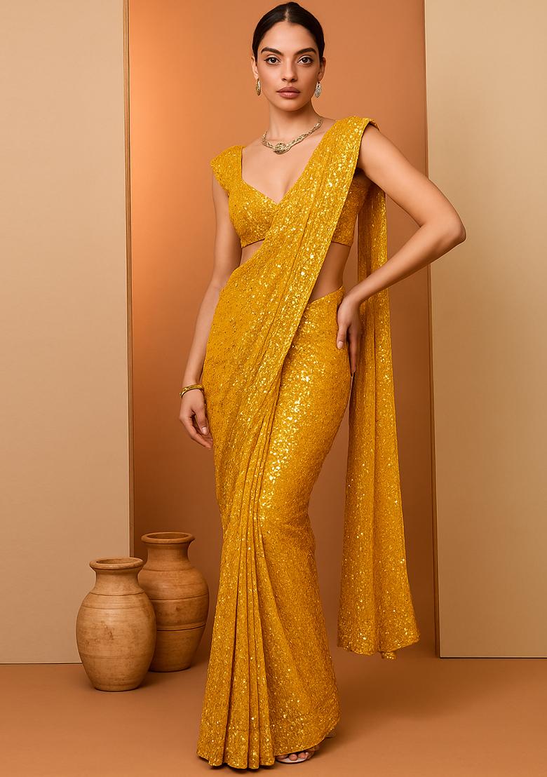 Yellow Embroidered Georgette Pre Draped Saree Set