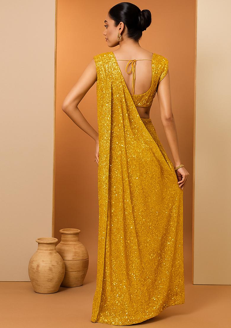 Yellow Embroidered Georgette Pre Draped Saree Set - Indya