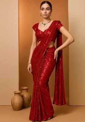 Red Embroidered Georgette Pre Draped Saree Set