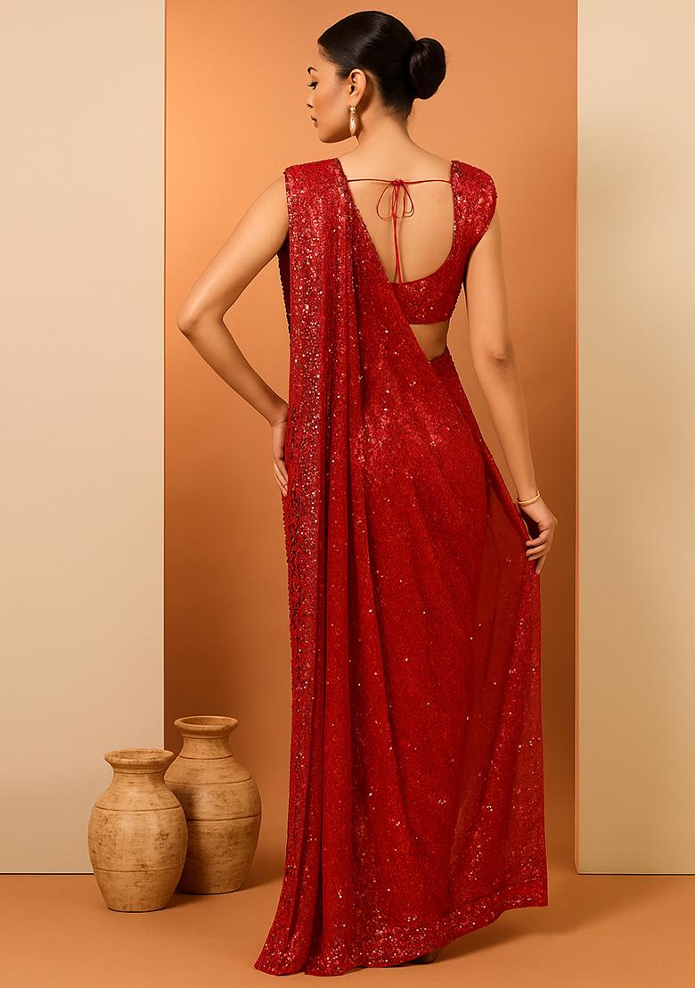 Red Embroidered Georgette Pre Draped Saree Set - Indya