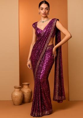 Plum Embroidered Georgette Pre Draped Saree Set