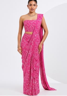 Pink Embroidered Georgette Pre Draped Saree Set
