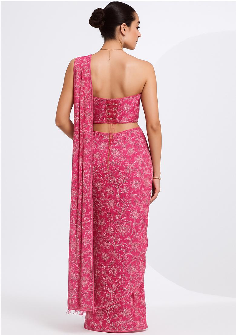 Pink Embroidered Georgette Pre Draped Saree Set - Indya