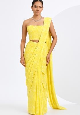Yellow Embroidered Georgette Pre Draped Saree Set