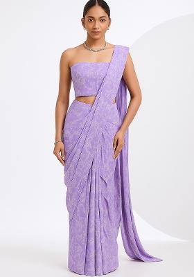 Purple Embroidered Georgette Pre Draped Saree Set