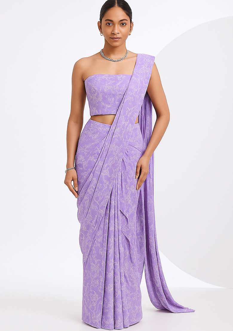 Purple Embroidered Georgette Corset Blouse Pre Draped Saree Set - Indya