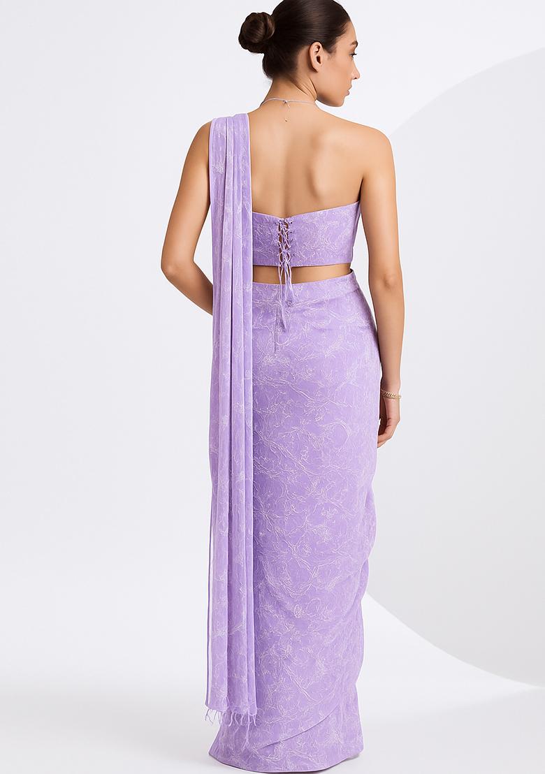 Purple Embroidered Georgette Pre Draped Saree Set - Indya