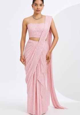 Pink Embroidered Georgette Pre Draped Saree Set