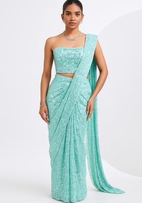 Powder Blue Embroidered Georgette Pre Draped Saree Set