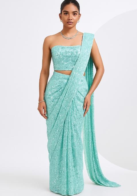 Powder Blue Embroidered Georgette Pre Draped Saree Set