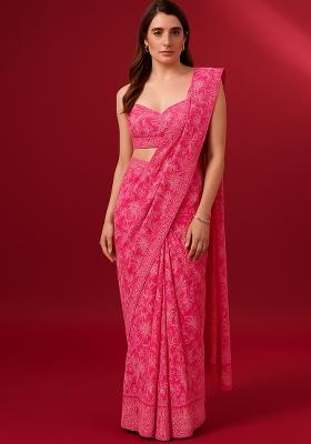 Pink Embroidered Georgette Pre Draped Saree Set