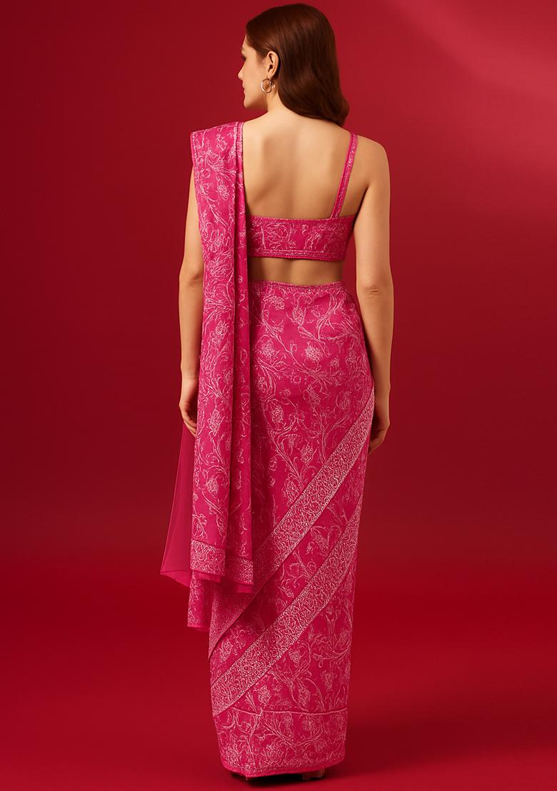 Pink Embroidered Georgette Pre Draped Saree Set - Indya