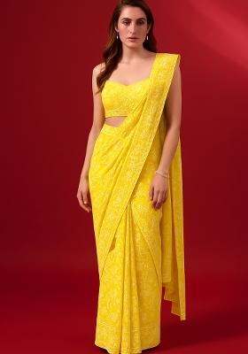 Yellow Embroidered Georgette Pre Draped Saree Set