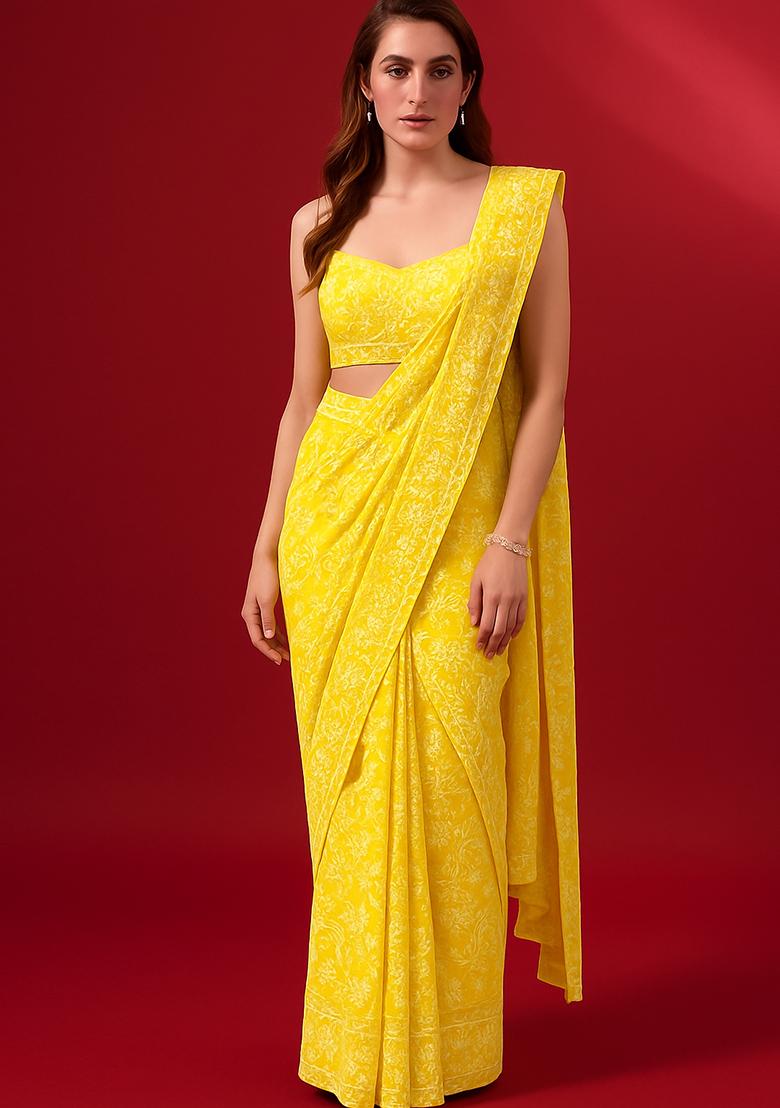 Yellow Embroidered Georgette Pre Draped Saree Set