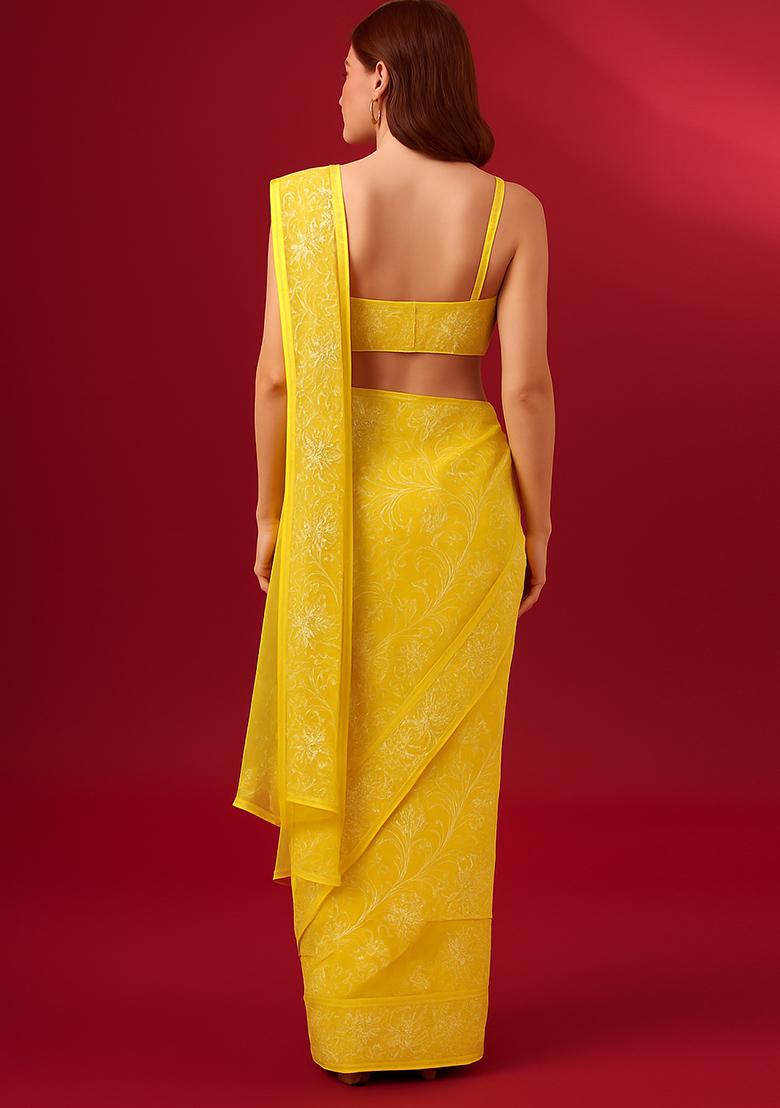 Yellow Embroidered Georgette Pre Draped Saree Set - Indya
