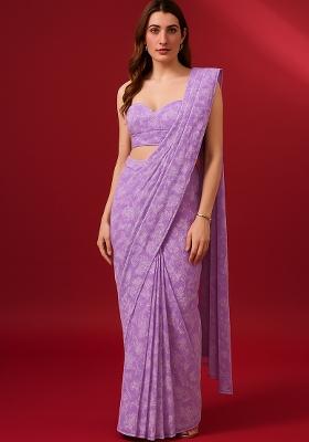 Purple Embroidered Georgette Pre Draped Saree Set