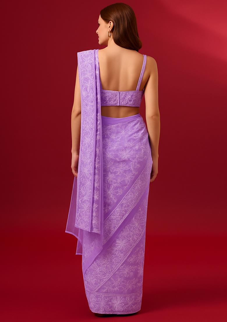 Purple Embroidered Georgette Pre Draped Saree Set - Indya