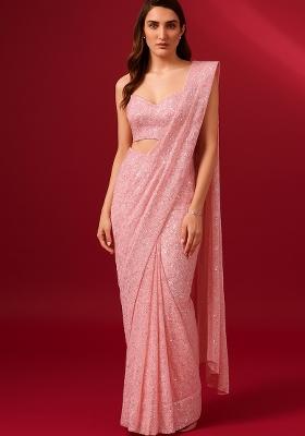 Pink Embroidered Georgette Pre Draped Saree Set