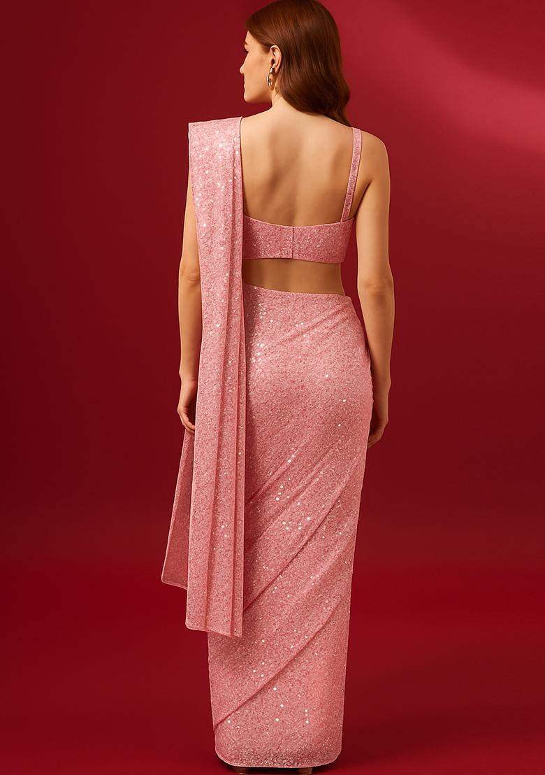 Pink Embroidered Georgette Pre Draped Saree Set - Indya