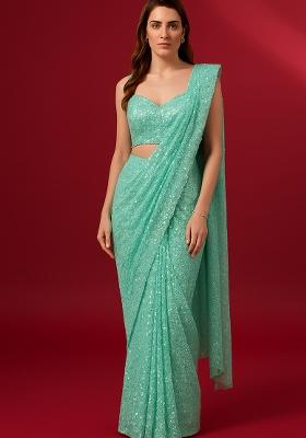 Powder Blue Embroidered Georgette Pre Draped Saree Set