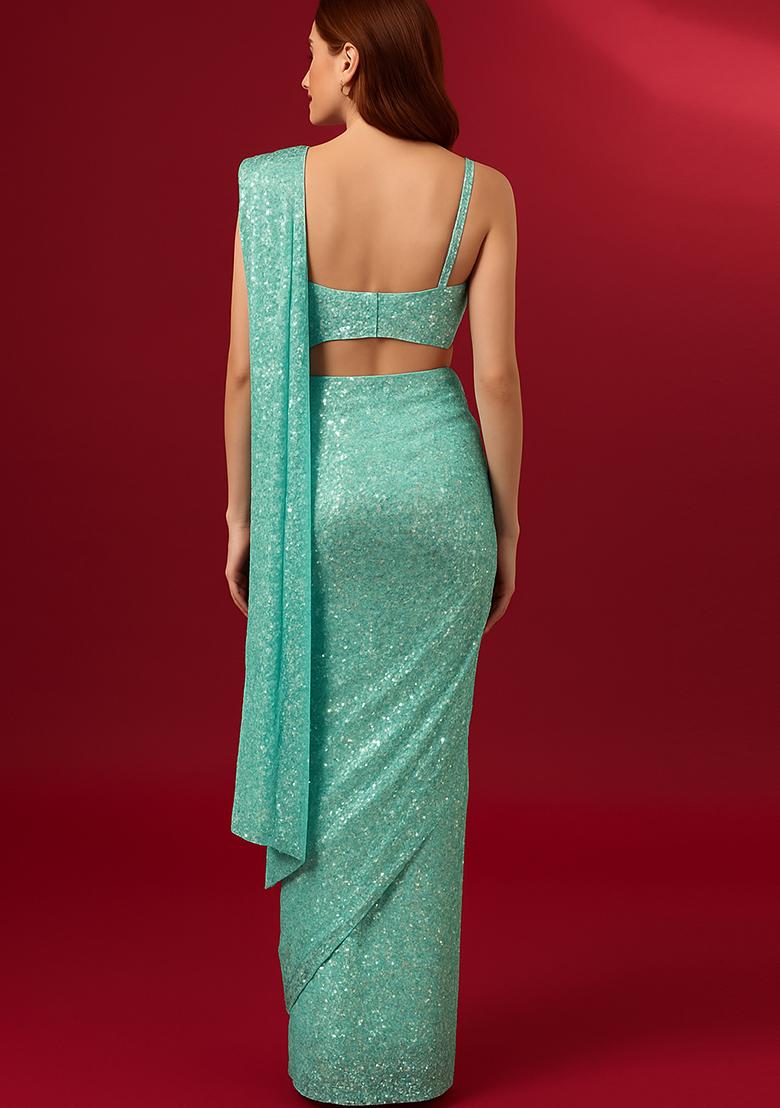 Powder Blue Embroidered Georgette Pre Draped Saree Set - Indya