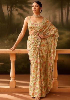 Beige Embroidered Organza Pre Draped Saree Set