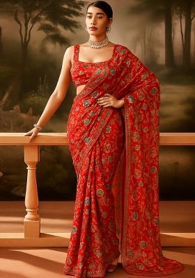 Orange Embroidered Organza Pre Draped Saree Set